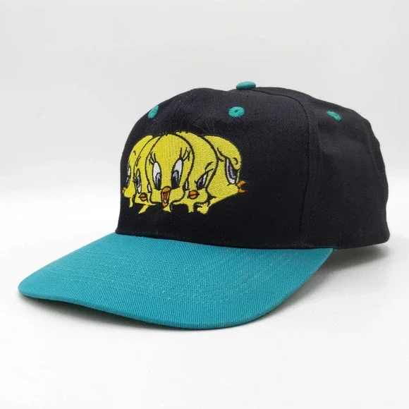 Vintage Tweety Looney Tunes Snapback Trucker Hat 1995 Two Tone Cap Black Teal